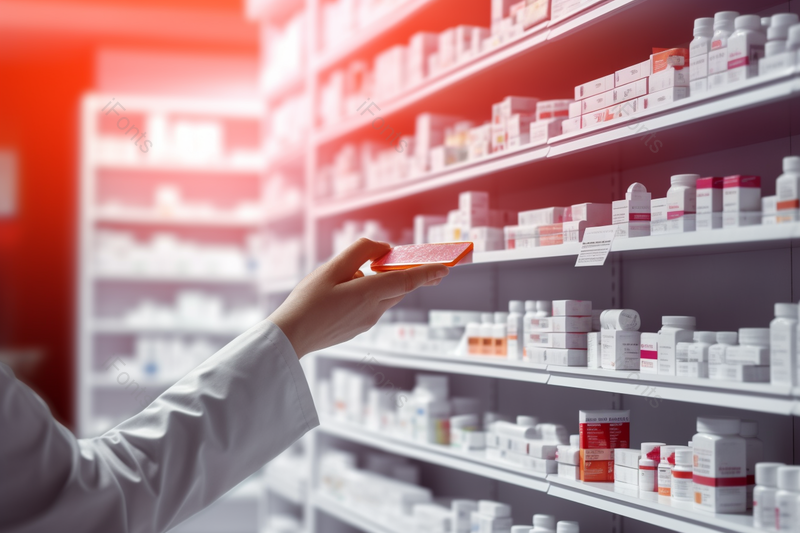 穿着白大褂的药剂师用手去拿货架上的药品摄影背景,高清,摄影图,摄影图片,图片大全,摄影图免费下载